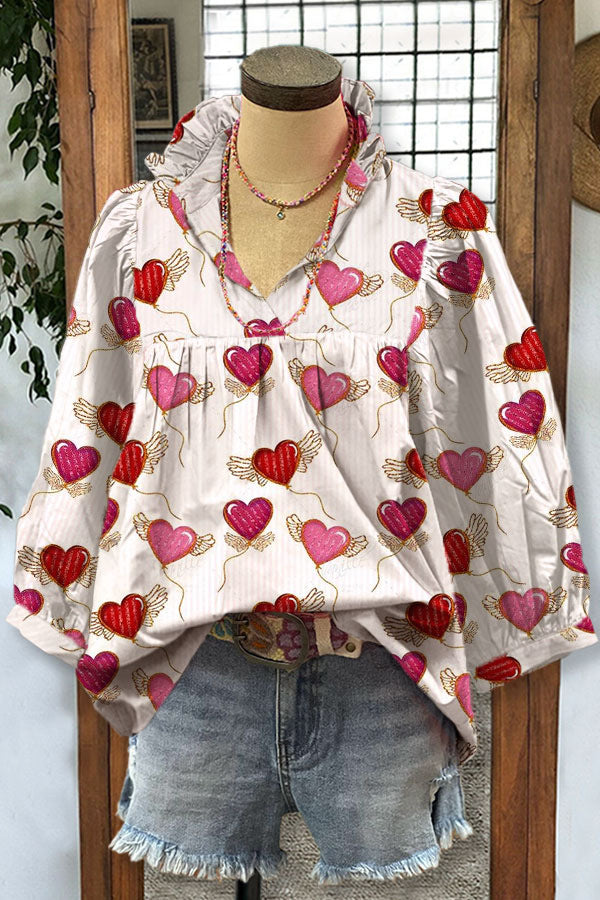 Loose-fitting Womens V-neck Top With Puffed Sleeves