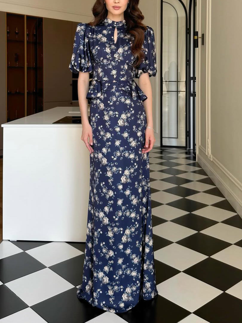 Navy Floral Print Mandarin Collar Puff Sleeve Ruffle Waist Slim Maxi Dress