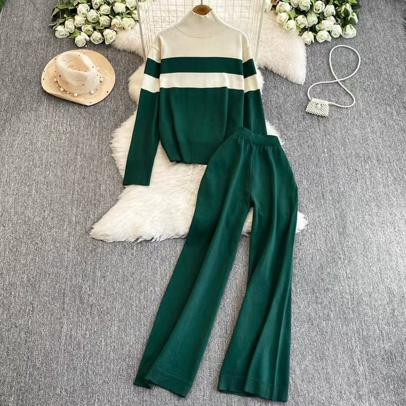 Casual Knitted Long Sleeve Wide Leg Pants Set