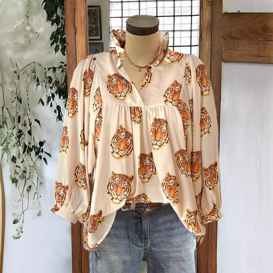 Loose-fitting Womens V-neck Top With Puffed Sleeves