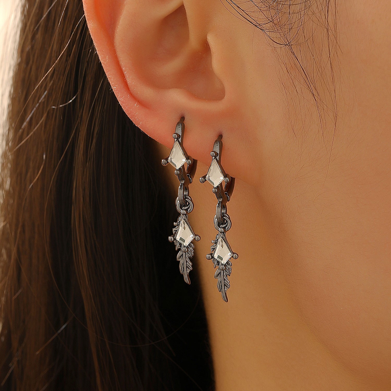 Retro Dark-Style Diamond-Shaped Feather Pendant Earrings
