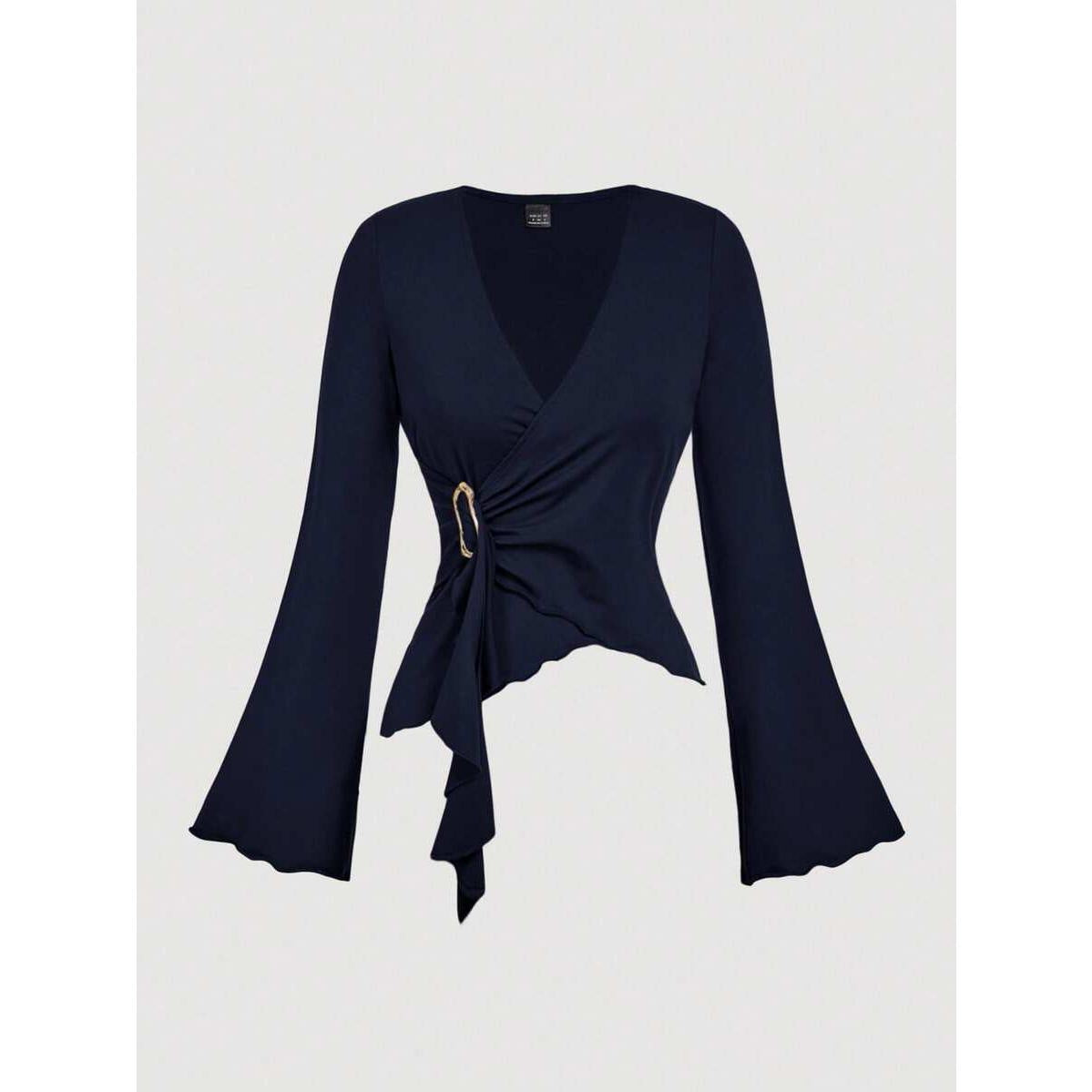 Womens Autumn New Solid-Color V-Neck Asymmetrical Long-Sleeve T-Shirt