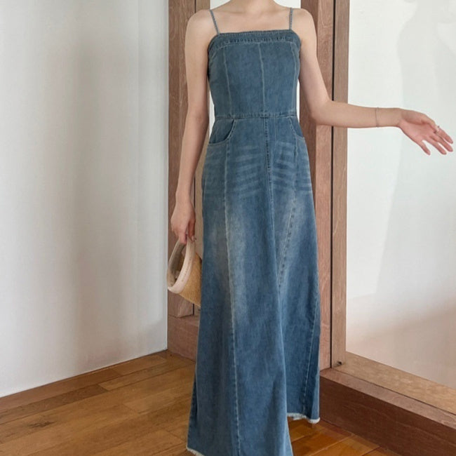 Elegant Figure-flattering Denim Slip Dress With A Side Slit