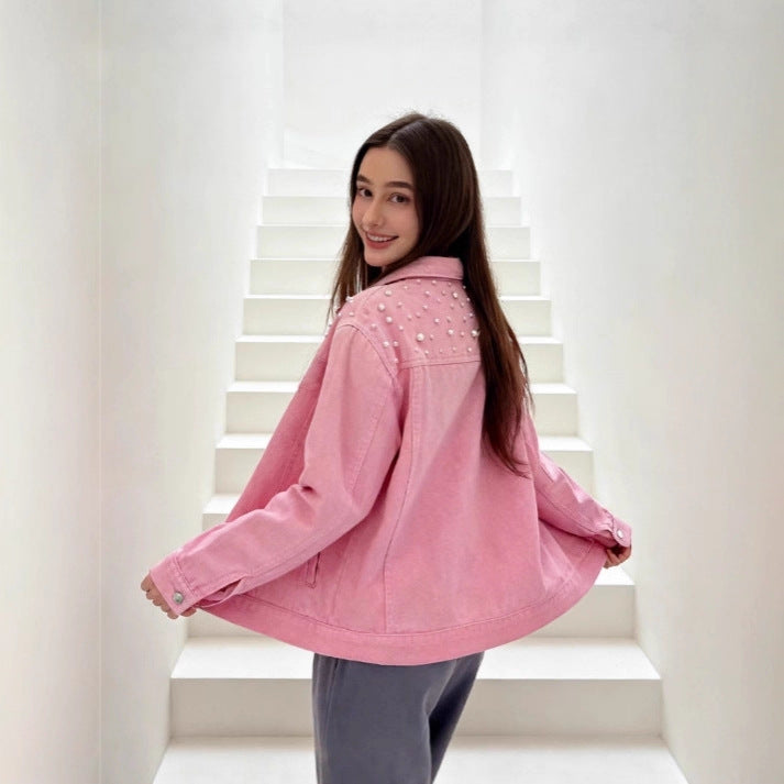 Womens Fashionable Heavy-Detailed Beaded Denim Jacket