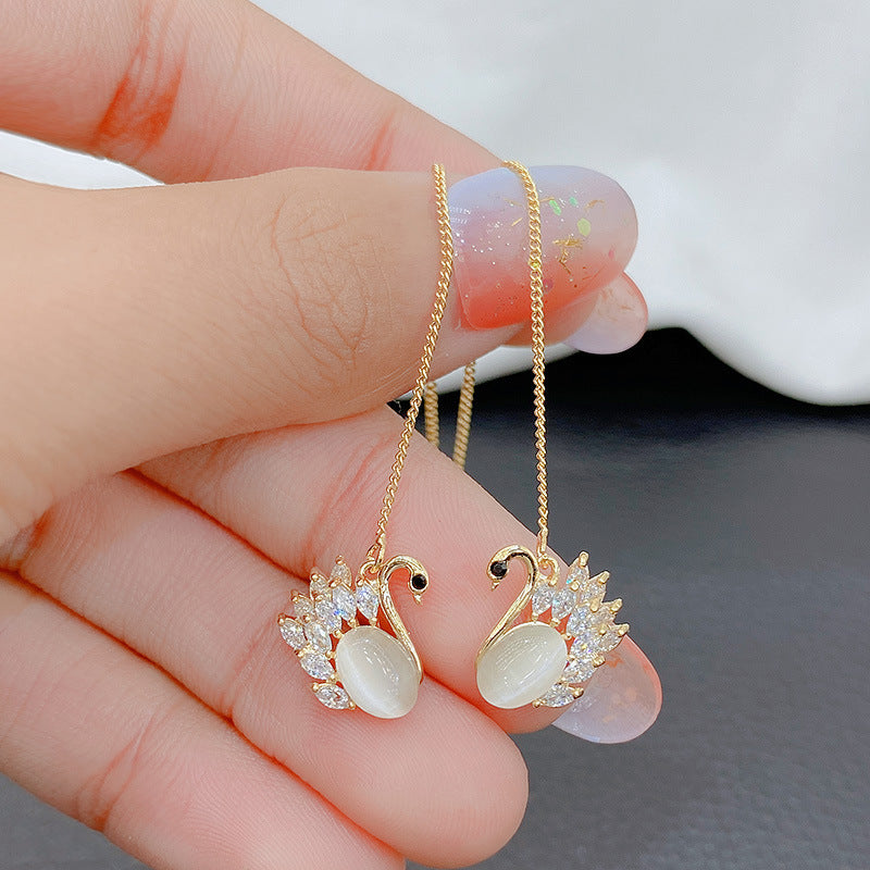 Warm Cat Eye Stone Swan Elegant Super Fairy Earrings