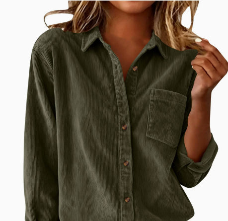 Corduroy Casual Loose Thick Shirt With Striped Turn-Down Collar And Long Sleeves
