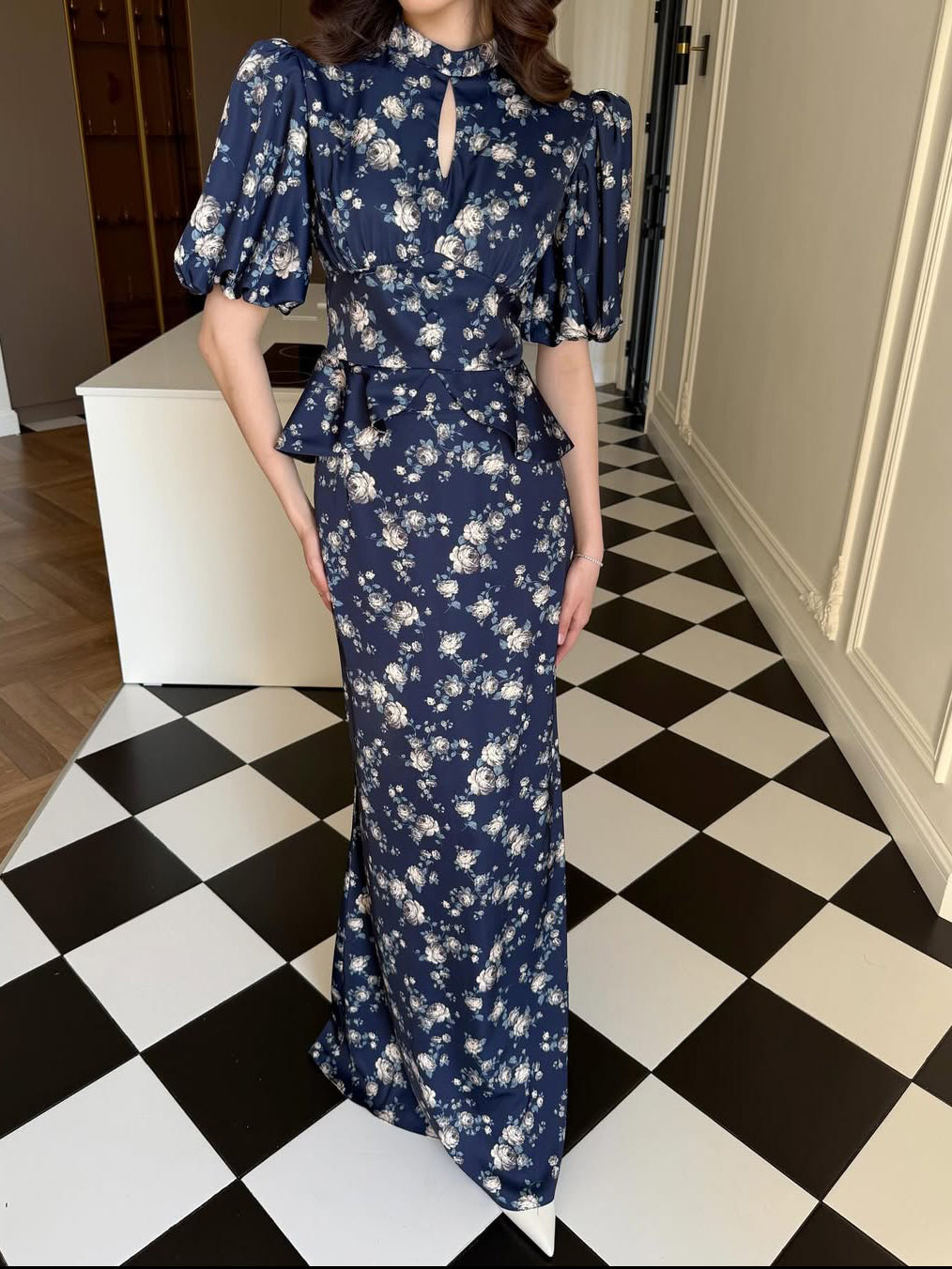 Navy Floral Print Mandarin Collar Puff Sleeve Ruffle Waist Slim Maxi Dress