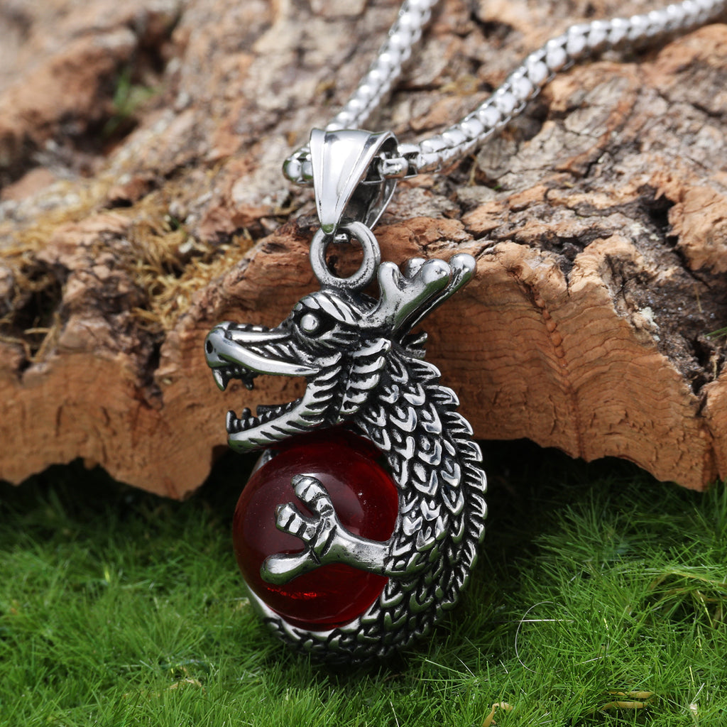 Personalized Retro Coiled Dragon Holding A Pearl Titanium Steel Pendant