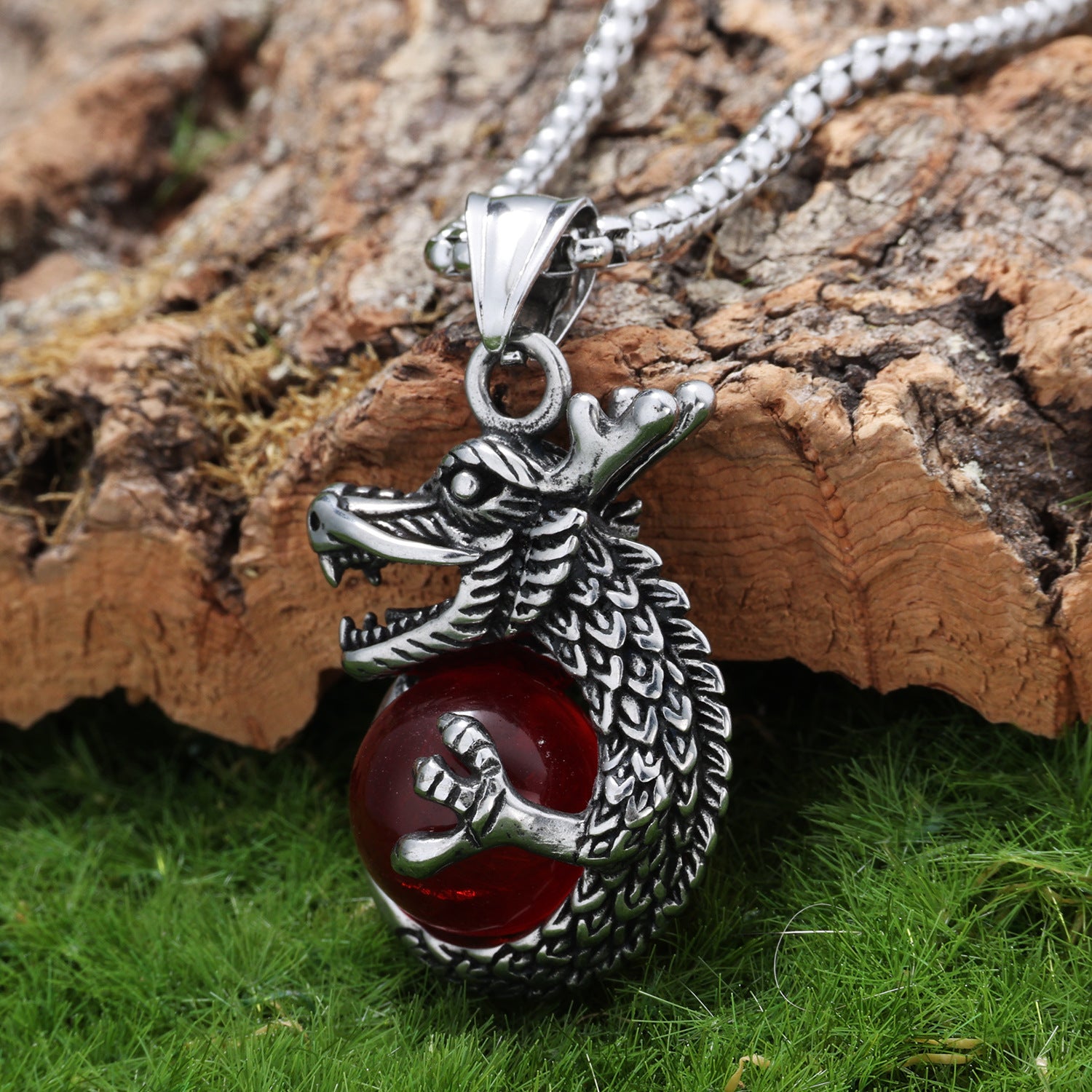 Personalized Retro Coiled Dragon Holding A Pearl Titanium Steel Pendant