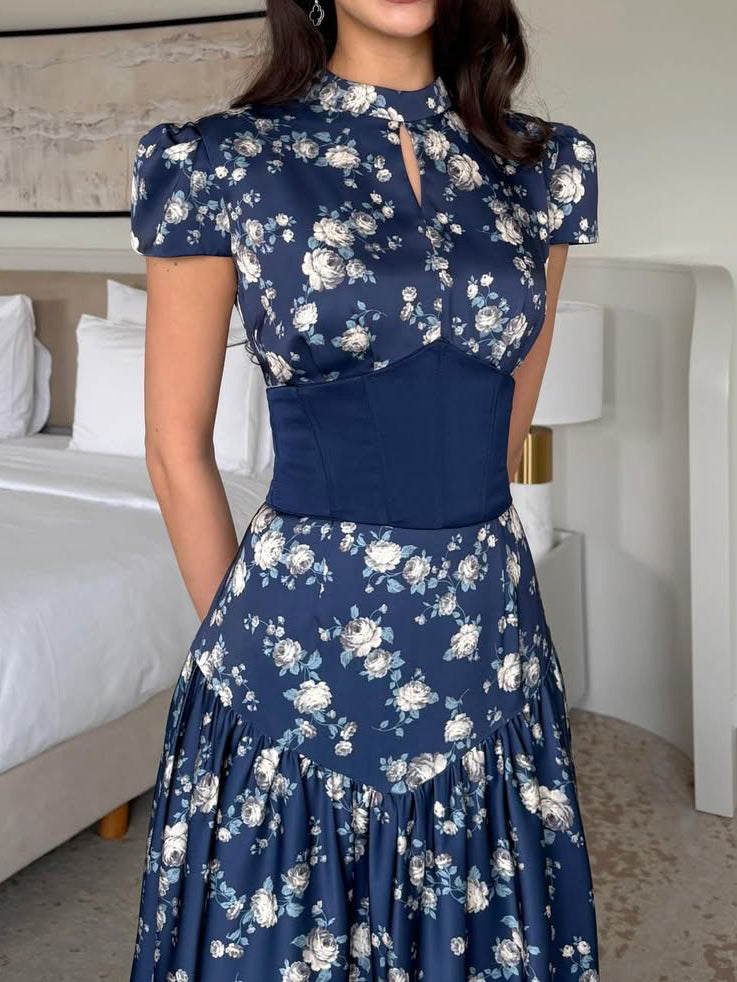 Navy Floral Print Panel Mandarin Collar Short Sleeve Ball Gown Maxi Dress