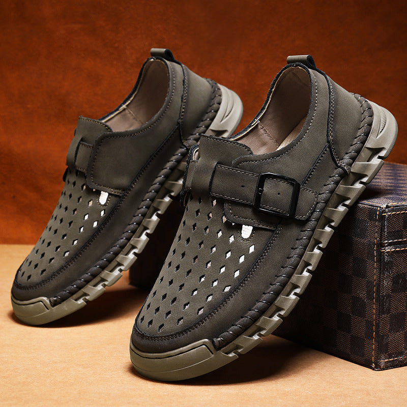 Mens Breathable Stitched Plus-Size Casual Leather Shoes