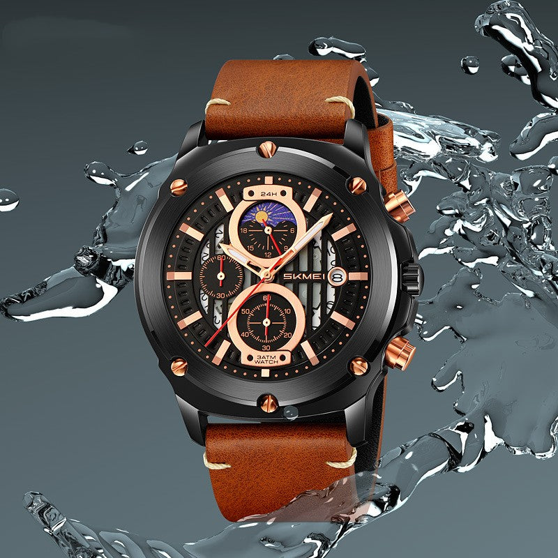 Men's Watch Fashion Trend Men's Leather-belt Watch Three Eyes And Six Needles Quartz Watch