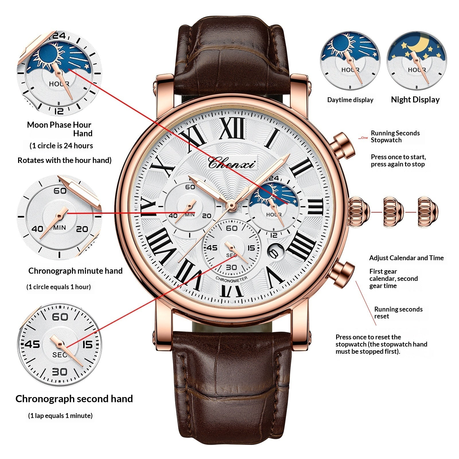 Multifunctional Mens Business Moon Phase Calendar Waterproof Watch