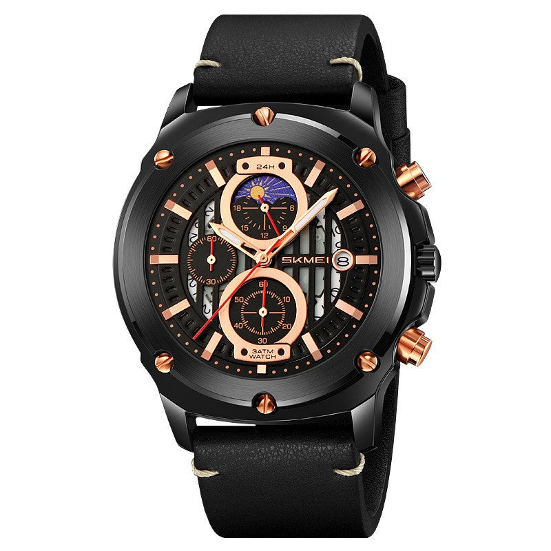 Men's Watch Fashion Trend Men's Leather-belt Watch Three Eyes And Six Needles Quartz Watch