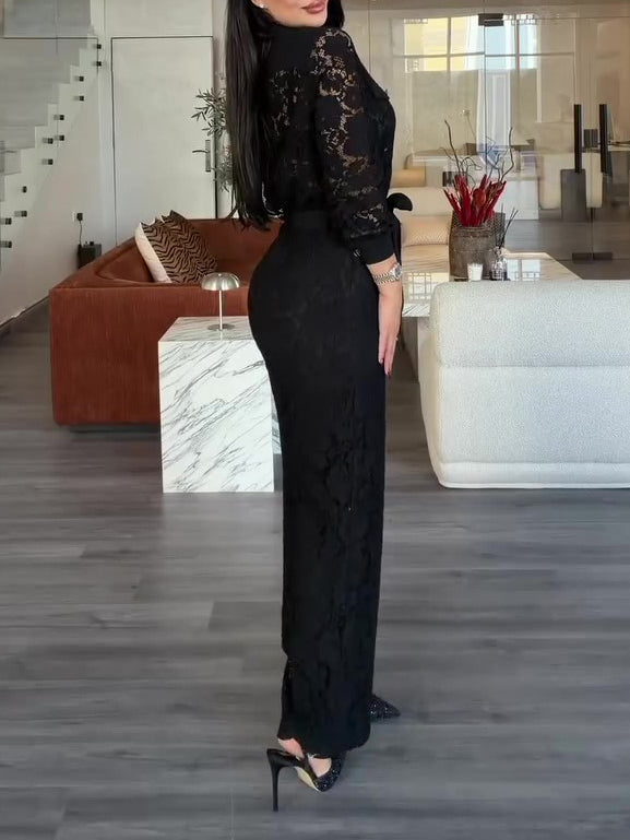 Black Lace Collared Long Sleeve Tie-Waist Wide-Leg Jumpsuit