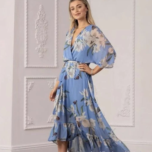 Womens Sophisticated Celebrity-Style Printed Deep-V Chiffon Dress