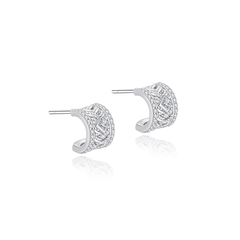 Brocade-Weave Filigree Stud Earrings S925 Sterling Silver Light Luxury High-End Diamond-Inlaid Sand Gold
