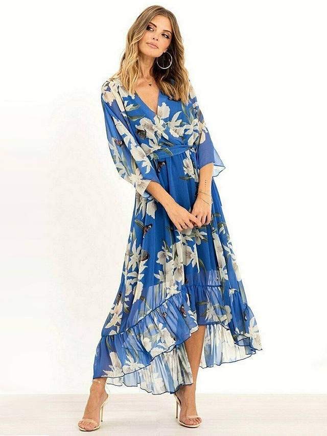 Womens Sophisticated Celebrity-Style Printed Deep-V Chiffon Dress