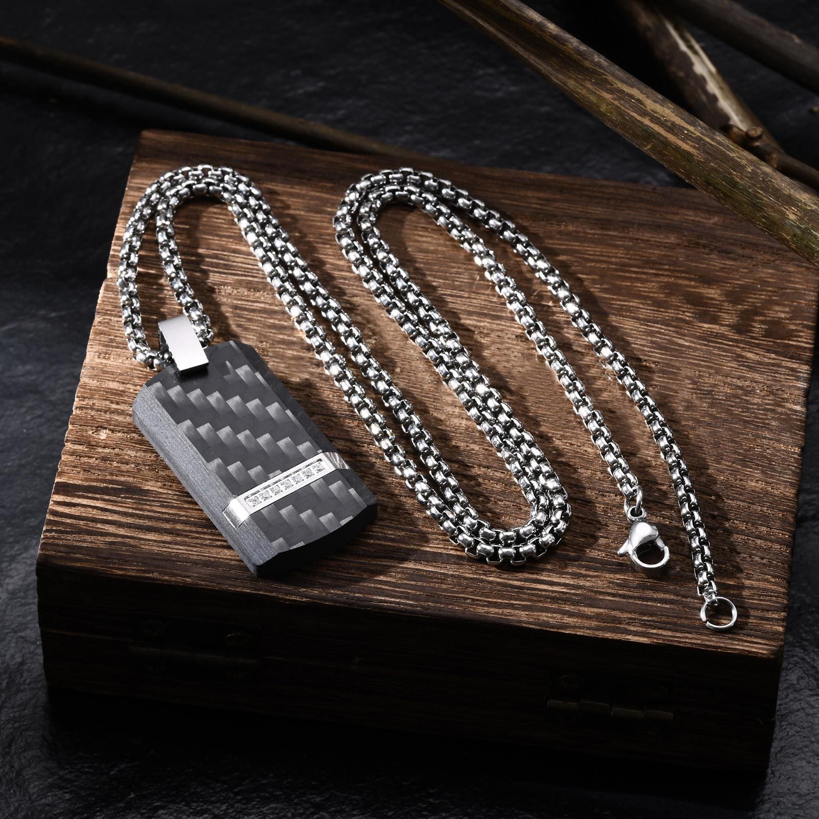 Mens Titanium Steel Carbon Fiber Military Dog Tag Blank Pendant Necklace