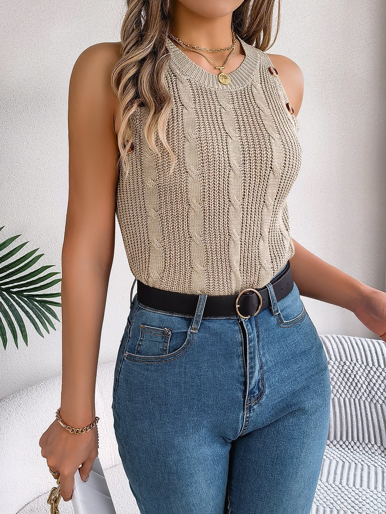 Solid Color Cable Knit Buttoned Sleeveless Top - Vacation Sweater