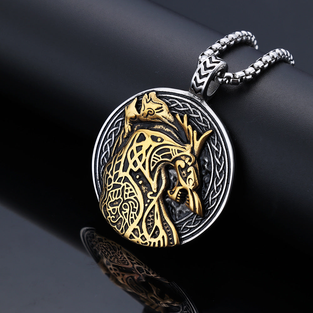 Personalized Wolf-Head Totem Titanium Steel Black-and-Gold Contrast Pendant