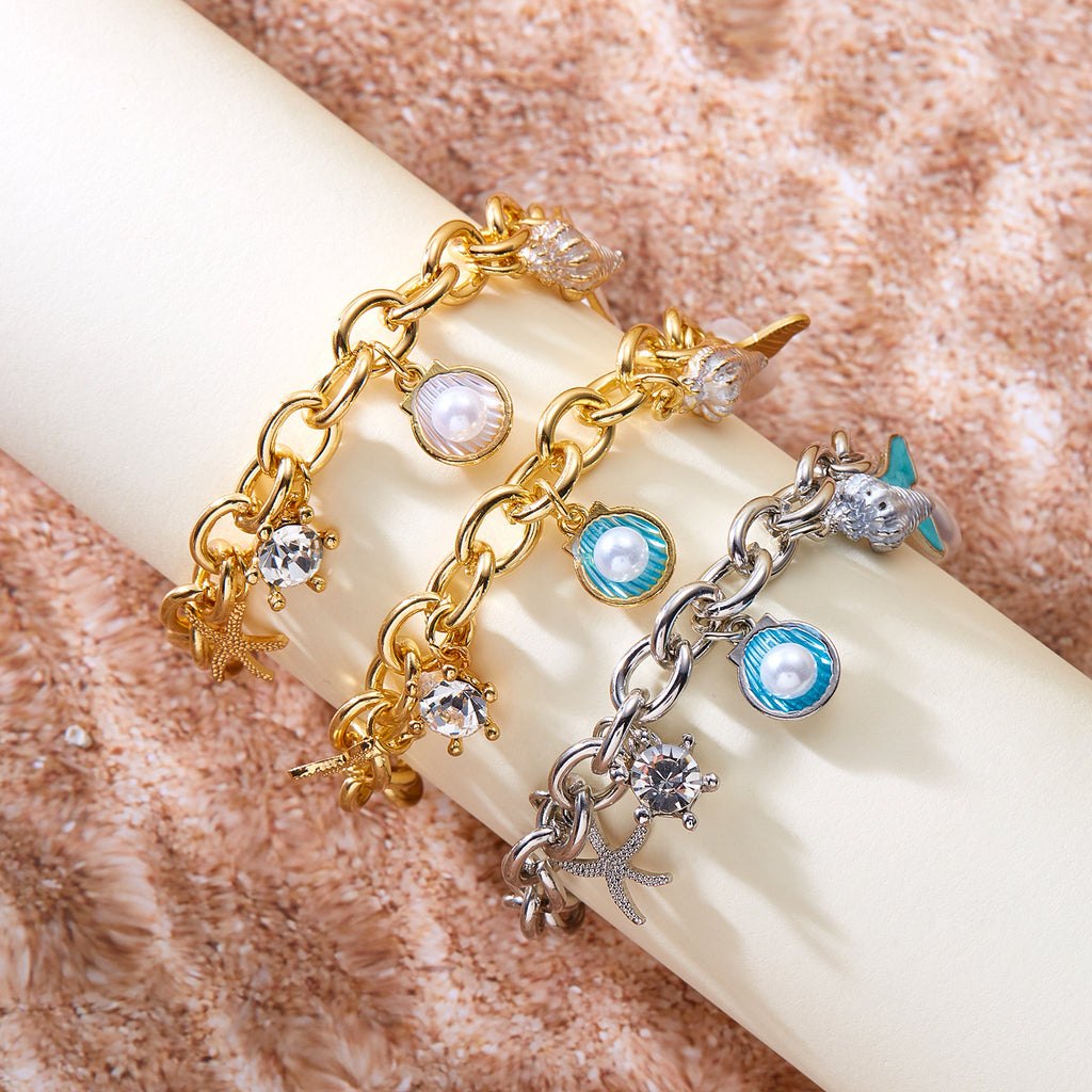 Women's Fashion Starfish Pearl Shell Fishtail Multi-pendant Necklace Bracelet