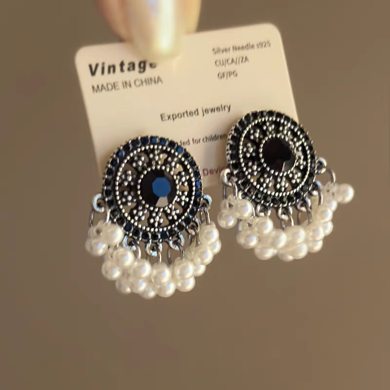 Silver Needle Retro Geometric Tassel Pearl Earrings