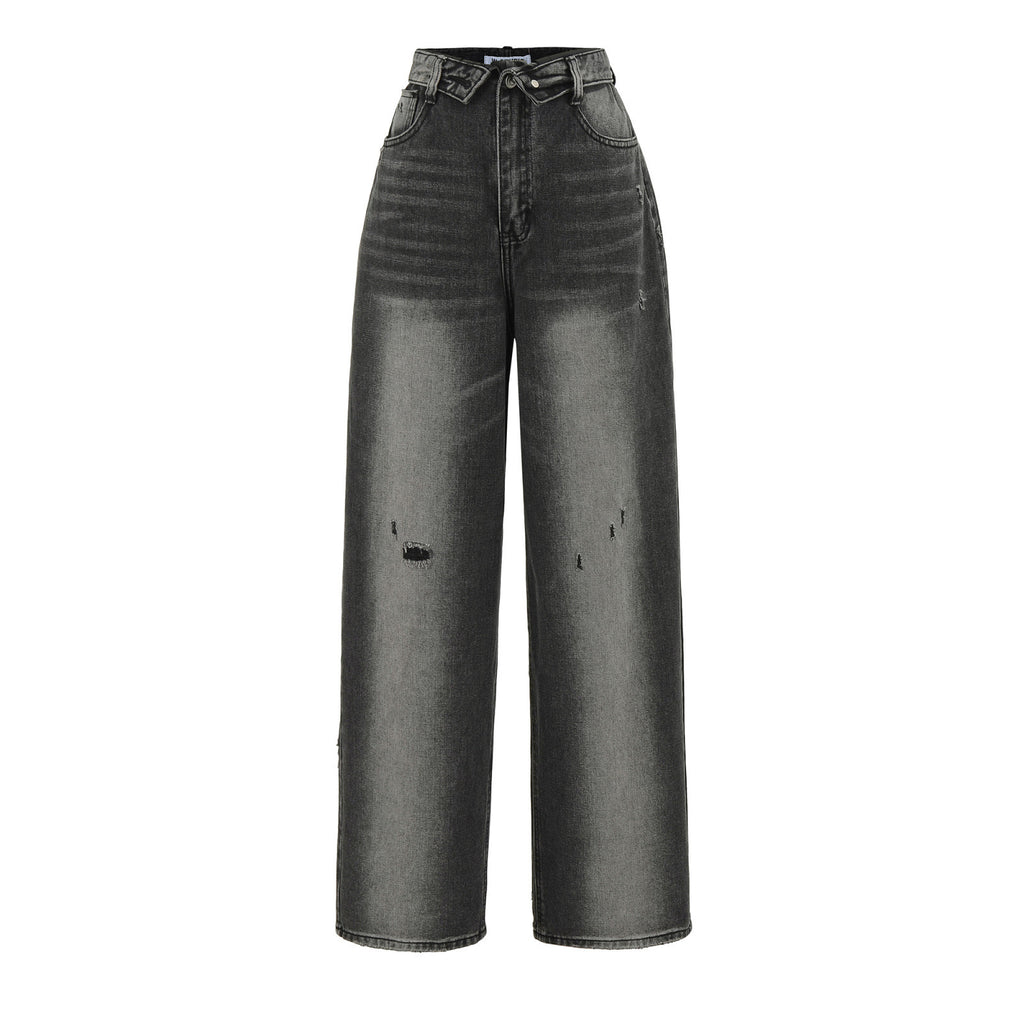 Niche High-waisted Wide-leg Pants With A Curled Hem For Women