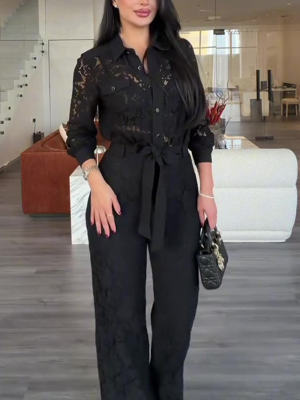 Black Lace Collared Long Sleeve Tie-Waist Wide-Leg Jumpsuit