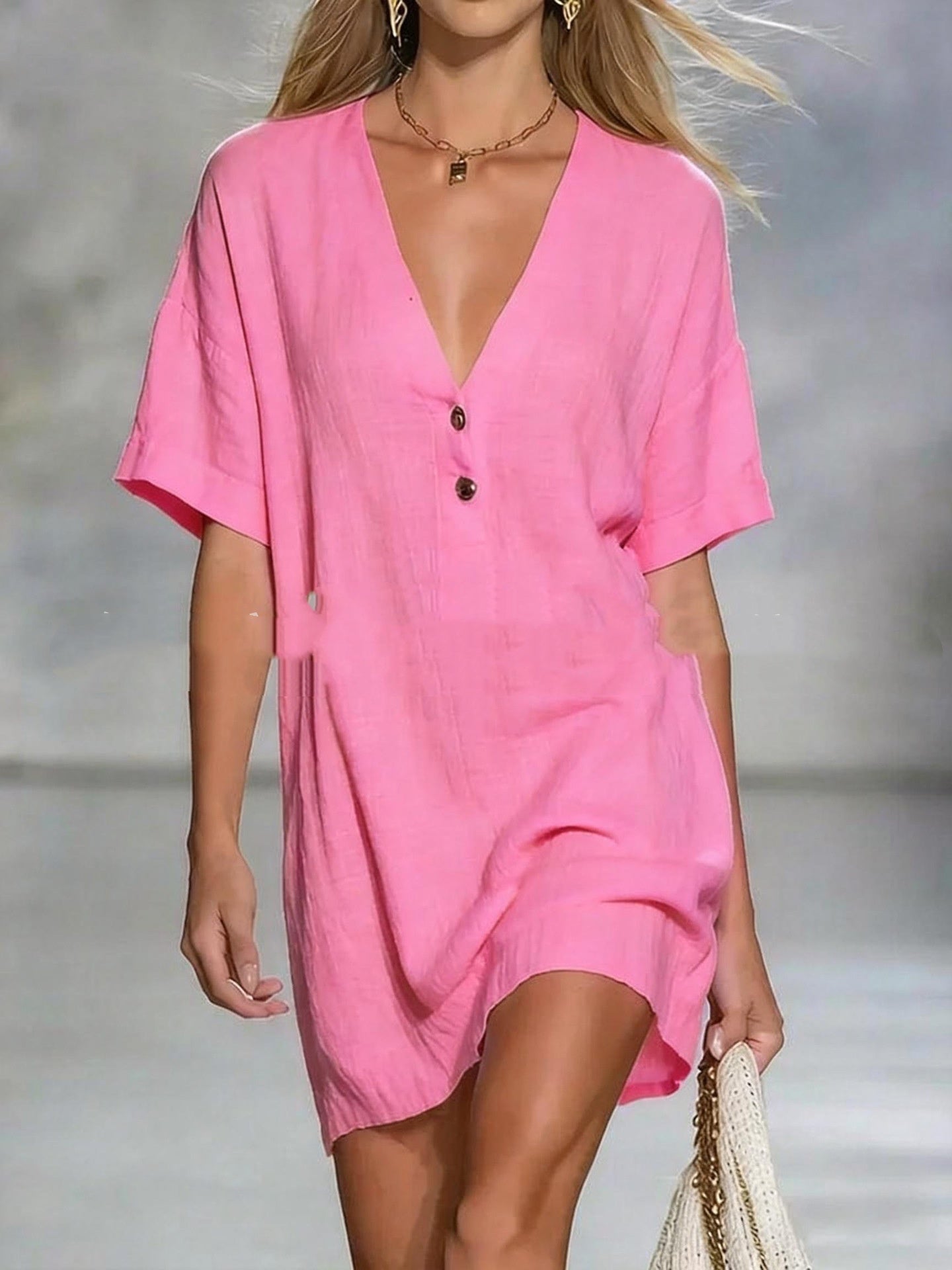 Short-Sleeve V-Neck Cotton-Linen Loose Dress
