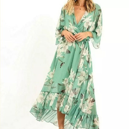 Womens Sophisticated Celebrity-Style Printed Deep-V Chiffon Dress