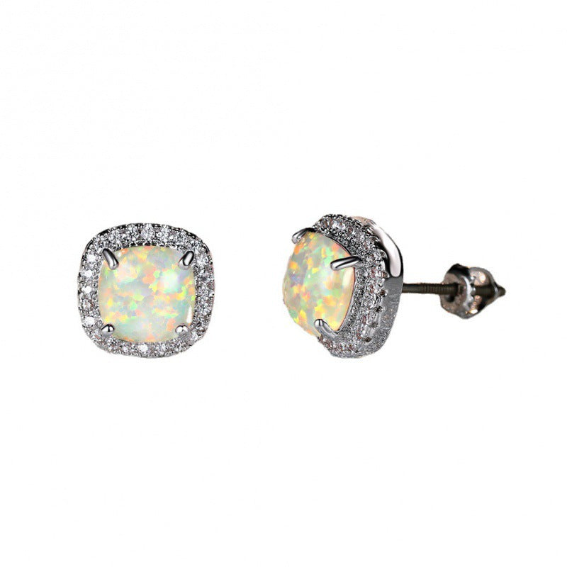 Platinum White Australian Opal Four-Prong Square Spiral Earrings