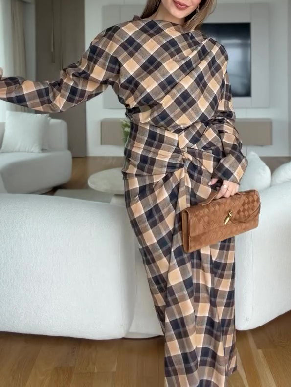 Brown-Black Plaid Twist Front Ruched Waist Long Sleeve Maxi Dress