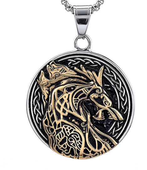 Personalized Wolf-Head Totem Titanium Steel Black-and-Gold Contrast Pendant