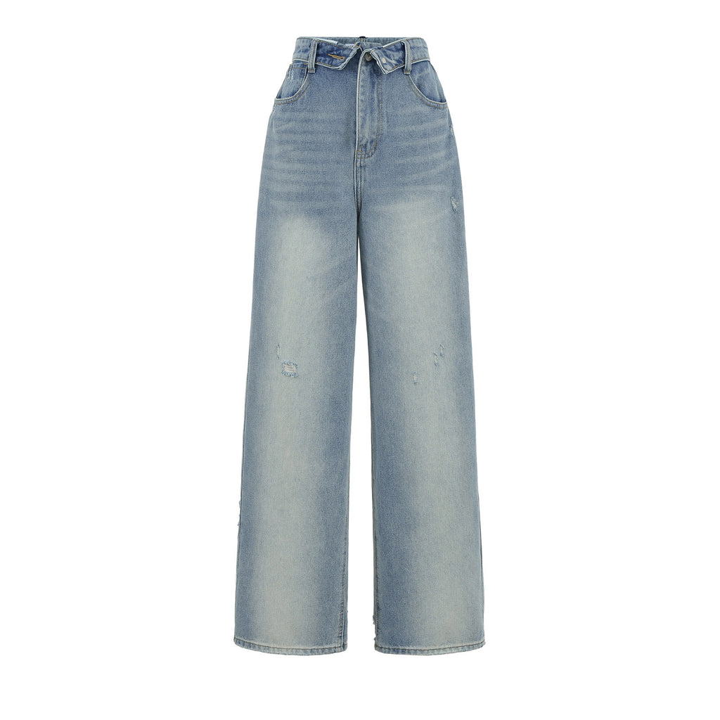 Niche High-waisted Wide-leg Pants With A Curled Hem For Women