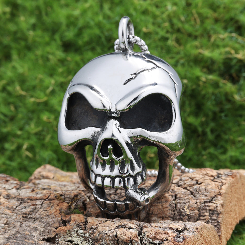Retro Edgy Skull Pendant With A Cigarette Made From Titanium Steel