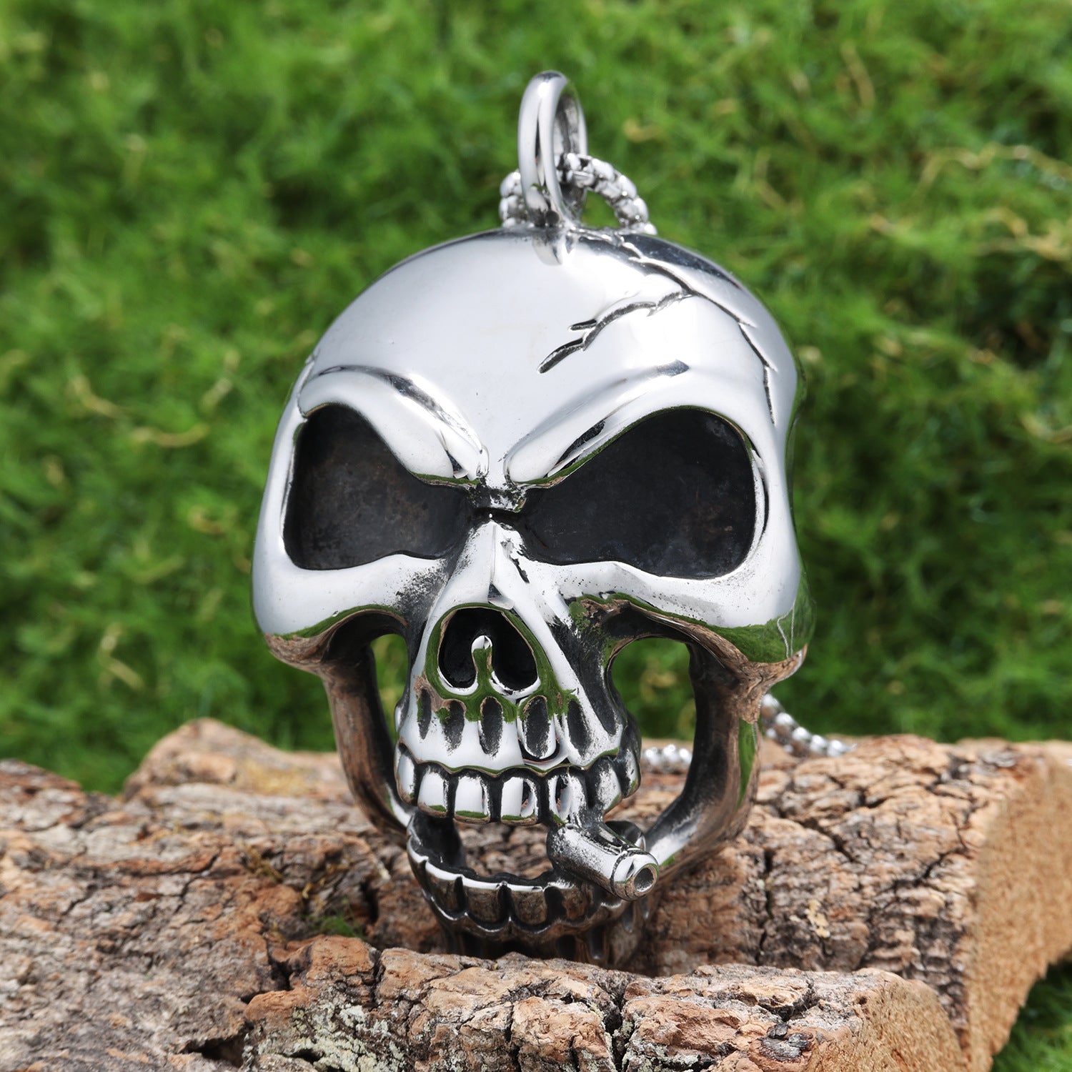 Retro Edgy Skull Pendant With A Cigarette Made From Titanium Steel
